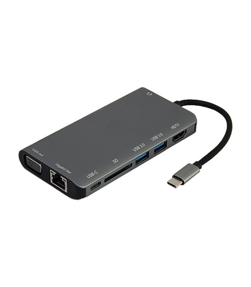 تصویر  هاب 2 پورت Type C به USB 3.0 با یک پورت HDMI و Type C و VGA و LAN و درگاه کارت حافظه با قابلیت PD کی نت K-MFCMS908