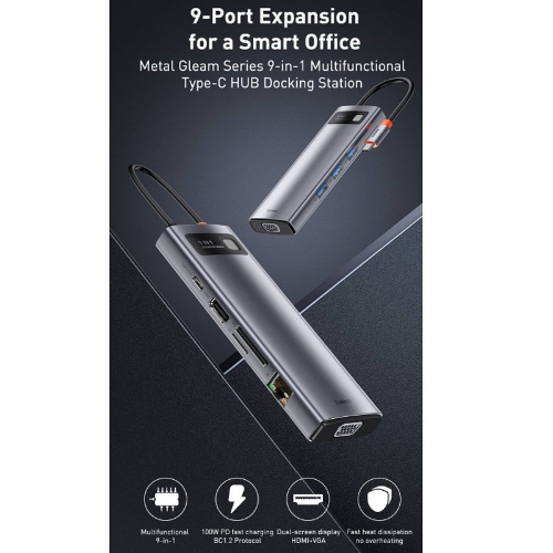 تصویر  هاب و رم ریدر Baseus Metal Gleam Series CAHUB-CU0G USB 3.0/HDMI/VGA/RJ45/Type-C PD To Type-C