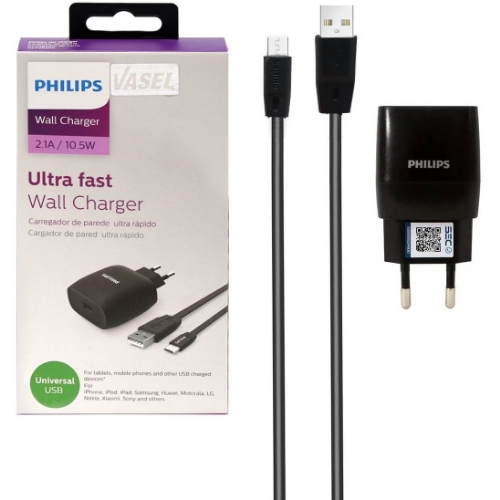 تصویر  شارژر دیواری 10.5W تک پورت Philips مدل DLP2310UB به همراه کابل شارژ اندروید -