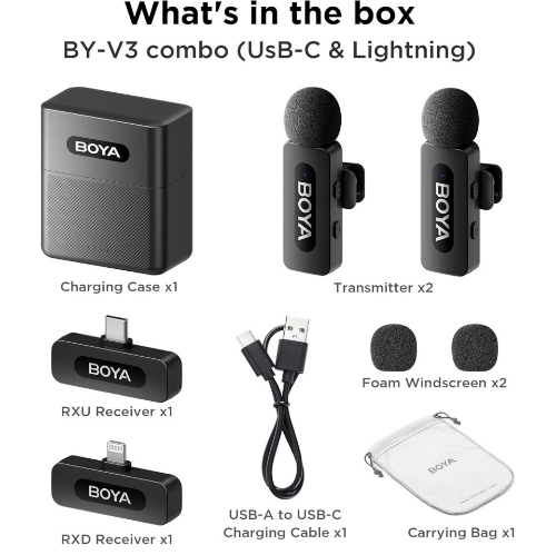 تصویر  میکروفون یقه ای بی سیم بویا مدل V3 COMBO رابط Type C و Lightning
